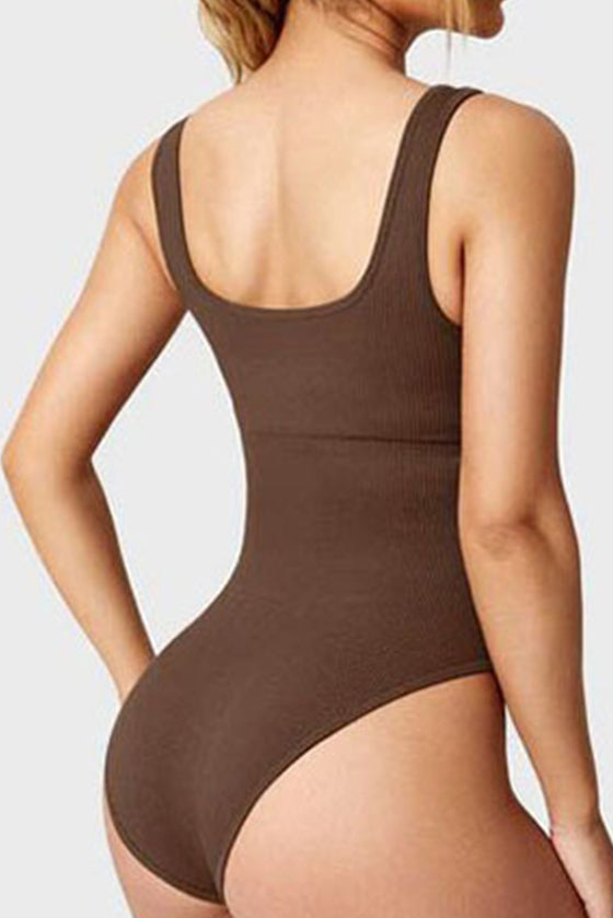 PACK262259-P2017-1, Chestnut Solid Wide Straps U-Neck Sporty Bodysuit