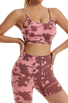  PACK2611620-P1020-1, Pink Camo Print Bra and High Waist Shorts Yoga Set