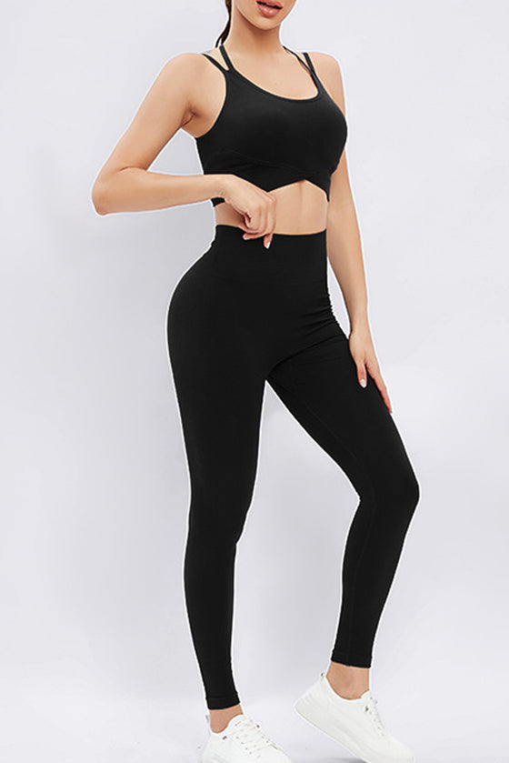 PACK2611623-P2-1, Black Strappy Back Cross Hem Bra and Leggings Yoga Set