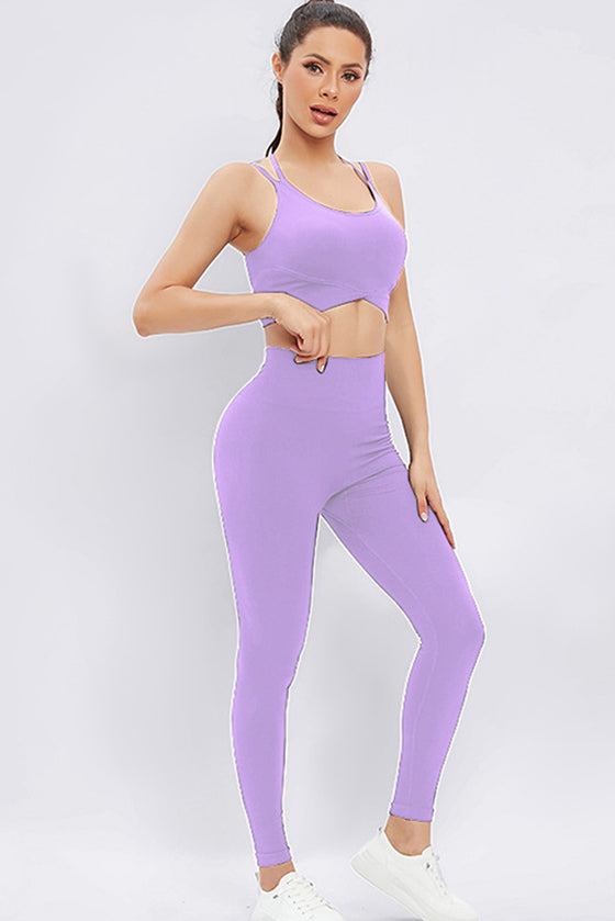 PACK2611623-P208-1, Wisteria Strappy Back Cross Hem Bra and Leggings Yoga Set