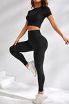 PACK2611626-P2-1, Black Short Sleeve Crop Top and Sports Leggings Workout Set