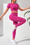 PACK2611626-P6-1, Rose Red Short Sleeve Crop Top and Sports Leggings Workout Set