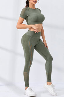  PACK2611627-P1609-1, Moss Green 2pcs Crop Top and Sports Leggings Workout Set