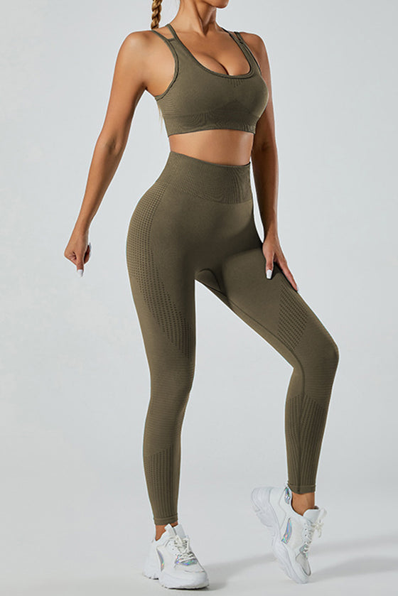 PACK2611616-P609-1, Jungle Green Back Cross Strappy Bra and Leggings Yoga Set