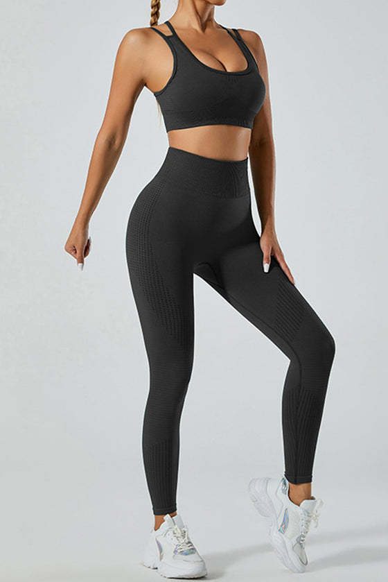 PACK2611616-P2-1, Black Back Cross Strappy Bra and Leggings Yoga Set