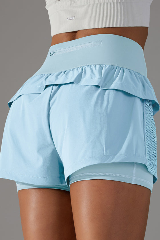 PACK265533-P4-1, Light Blue Double Layer High Waistband Mesh Active Shorts