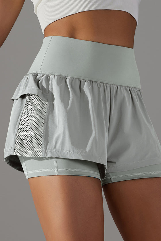 PACK265533-P1011-1, Light Grey Double Layer High Waistband Mesh Active Shorts
