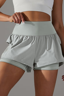  PACK265533-P1011-1, Light Grey Double Layer High Waistband Mesh Active Shorts