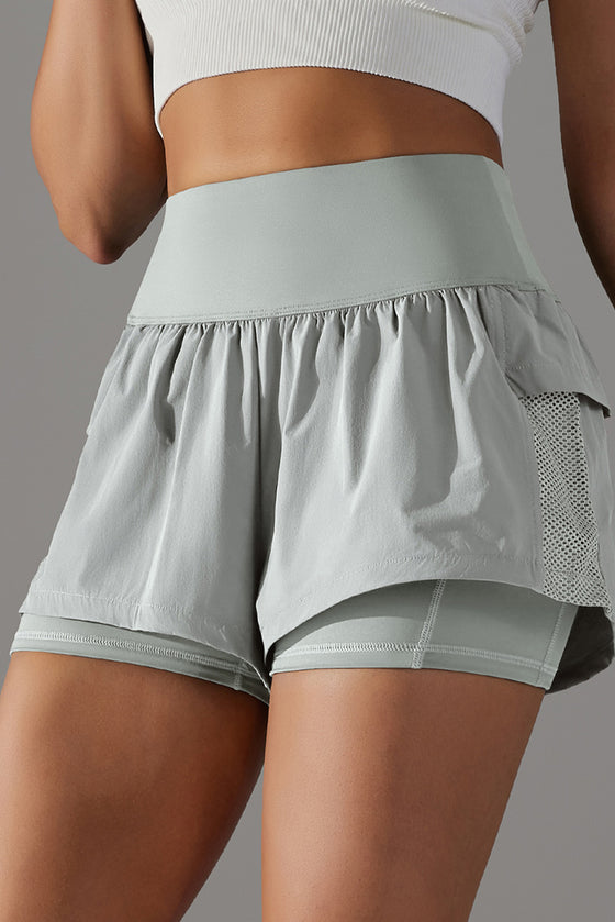 PACK265533-P1011-1, Light Grey Double Layer High Waistband Mesh Active Shorts