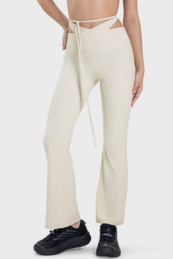PACK265534-P101-1, White Arched Cut out Waist Lace up Flared Active Pants