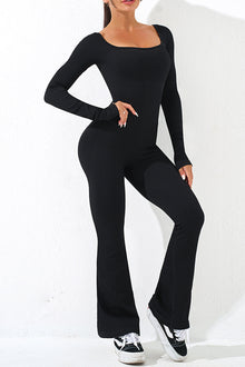  PACK262260-P2-1, Black Long Sleeve Flare Leg Square Neck Yoga Jumpsuit