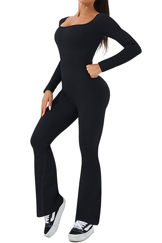 PACK262260-P2-1, Black Long Sleeve Flare Leg Square Neck Yoga Jumpsuit