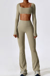 PACK2611630-P5016-1, Pale Khaki Square Neck Cropped Active Top & Pants Set