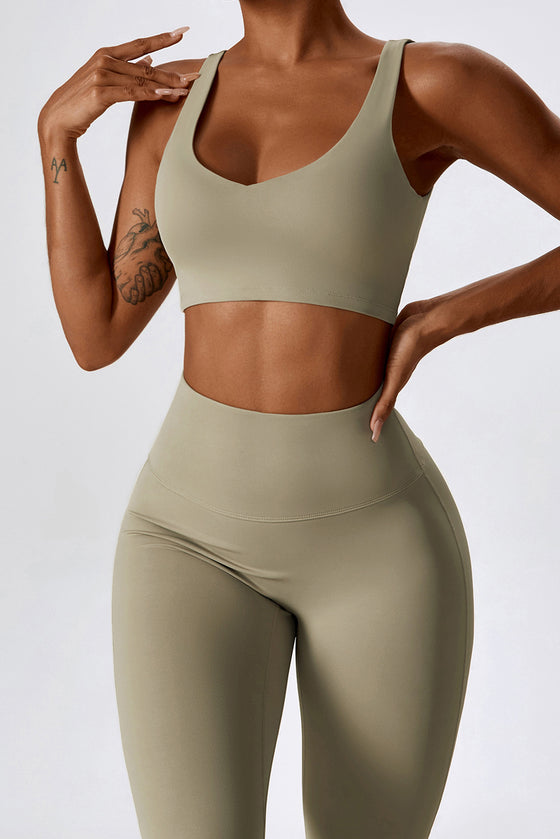 PACK2611631-P5016-1, Pale Khaki Sporty Quick Dry Bra & Flared Pants Set