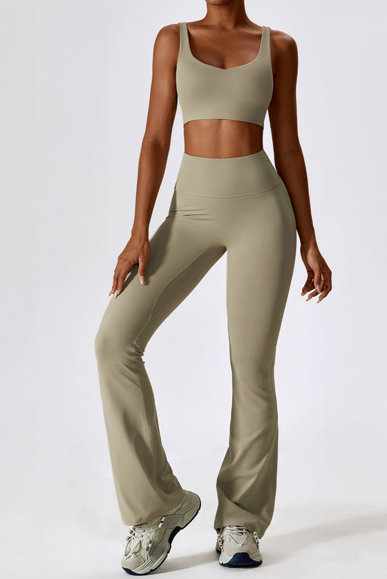 PACK2611631-P5016-1, Pale Khaki Sporty Quick Dry Bra & Flared Pants Set