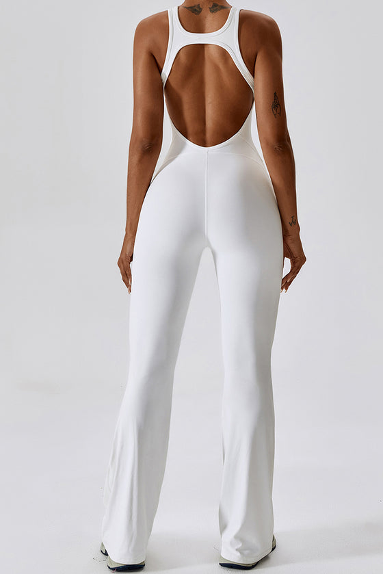 PACK262261-P1-1, White U Neck Backless Flare Sports Jumpsuit