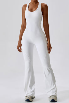  PACK262261-P1-1, White U Neck Backless Flare Sports Jumpsuit