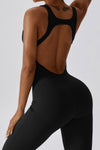 PACK262261-P2-1, Black U Neck Backless Flare Sports Jumpsuit