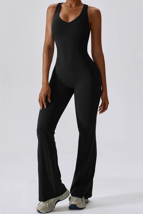 PACK262261-P2-1, Black U Neck Backless Flare Sports Jumpsuit