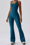 PACK262261-P505-1, Prussian Blue U Neck Backless Flare Sports Jumpsuit