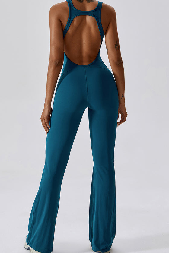 PACK262261-P505-1, Prussian Blue U Neck Backless Flare Sports Jumpsuit