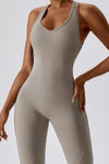 PACK262261-P6017-1, Simply Taupe U Neck Backless Flare Sports Jumpsuit