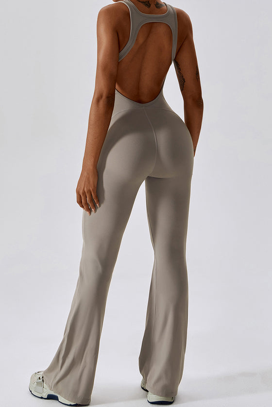 PACK262261-P6017-1, Simply Taupe U Neck Backless Flare Sports Jumpsuit