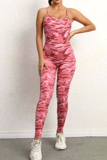  PACK2631193-P1022-1, Pink Solid Color Strappy Criss Cross Back Skinny Yoga Jumpsuit