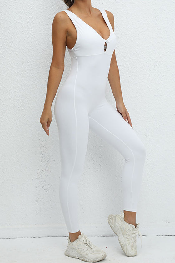 PACK2631195-P1-1, White Sleeveless Front Cut out V Neck Yoga Jumpsuit