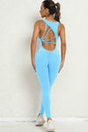PACK2631195-P205-1, Sky Blue Sleeveless Front Cut out V Neck Yoga Jumpsuit