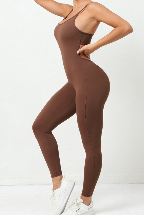 PACK2631200-P1017-1, Coffee Cut Out Backless Skinny Fit Active Jumpsuit