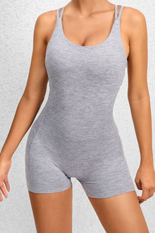  PACK2631198-P1011-1, Light Grey Solid Ruched Criss Cross Backless Workout Romper