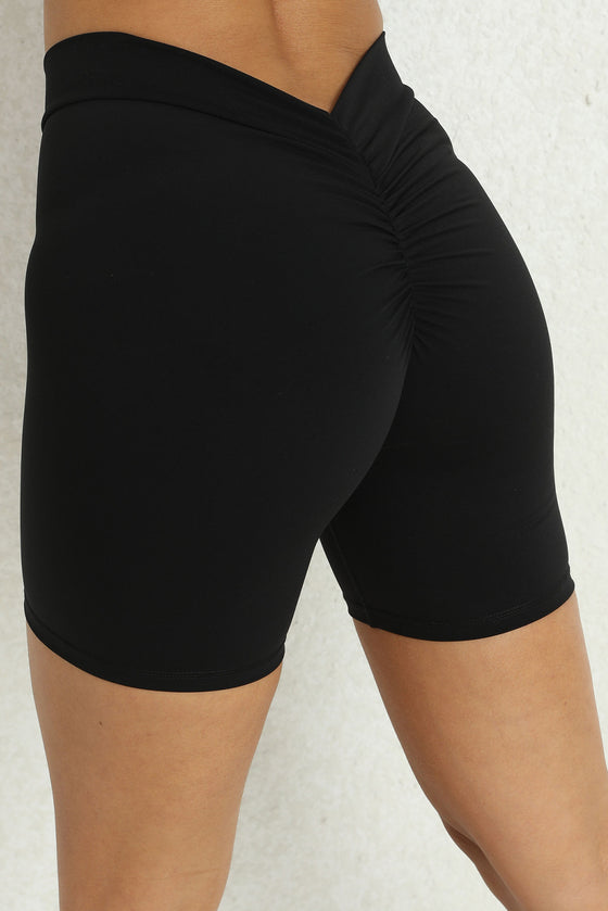 PACK265542-P2-1, Black Solid Ruched Butt Lifting High Waist Sports Shorts