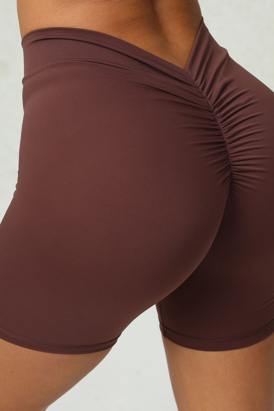 PACK265542-P1017-1, Coffee Solid Ruched Butt Lifting High Waist Sports Shorts