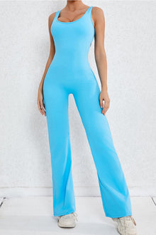  PACK2631199-P205-1, Sky Blue Solid Cut Out Backless Wide Leg Yoga Jumpsuit