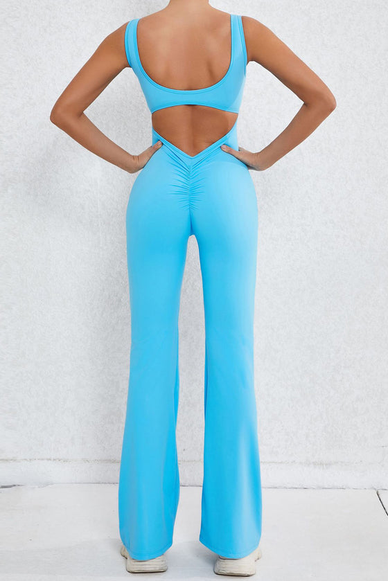 PACK2631199-P205-1, Sky Blue Solid Cut Out Backless Wide Leg Yoga Jumpsuit