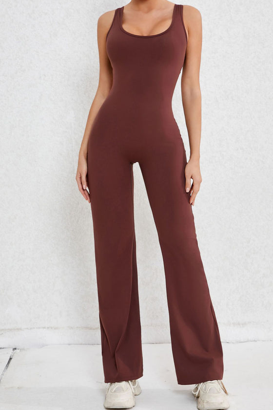 PACK2631199-P1017-1, Coffee Solid Cut Out Backless Wide Leg Yoga Jumpsuit