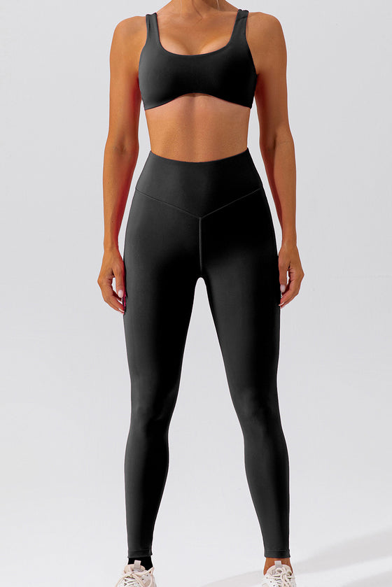 PACK2611637-P2-1, Black Solid Color Active Bra and High Waist Leggings Workout Set