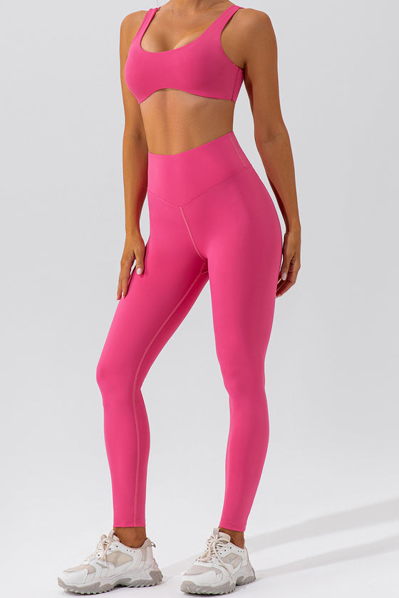 PACK2611637-P6-1, Rose Red Solid Color Active Bra and High Waist Leggings Workout Set