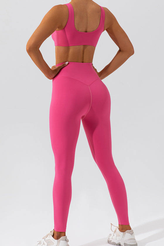 PACK2611637-P6-1, Rose Red Solid Color Active Bra and High Waist Leggings Workout Set