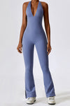 PACK262263-P304-1, Sky Blue Halter V Neck Open Back Split Flared Leg Yogo Jumpsuit