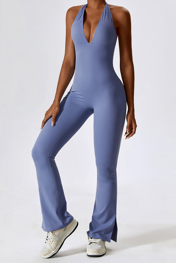 PACK262263-P304-1, Sky Blue Halter V Neck Open Back Split Flared Leg Yogo Jumpsuit