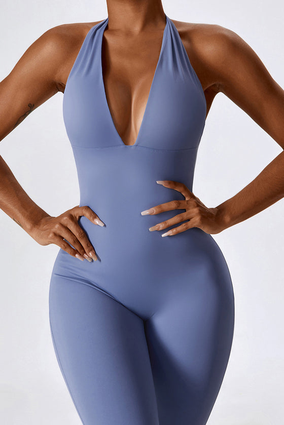 PACK262263-P304-1, Sky Blue Halter V Neck Open Back Split Flared Leg Yogo Jumpsuit