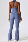 PACK262263-P304-1, Sky Blue Halter V Neck Open Back Split Flared Leg Yogo Jumpsuit