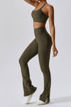 PACK2611642-P1609-1, Moss Green T-back Yoga Bra Gym Split Leg Pants Set
