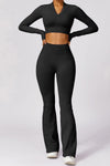 PACK2611639-P2-1, Black Long Sleeve Crop Top and Flare Pants Workout Set