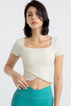 PACK264777-P1-1, White Frilly Trim Crossed Hem Cropped Yoga Top