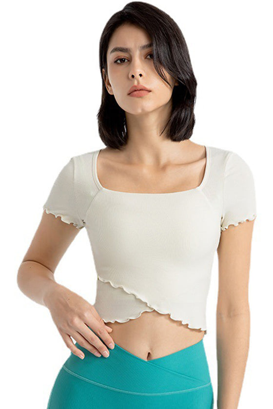 PACK264777-P1-1, White Frilly Trim Crossed Hem Cropped Yoga Top