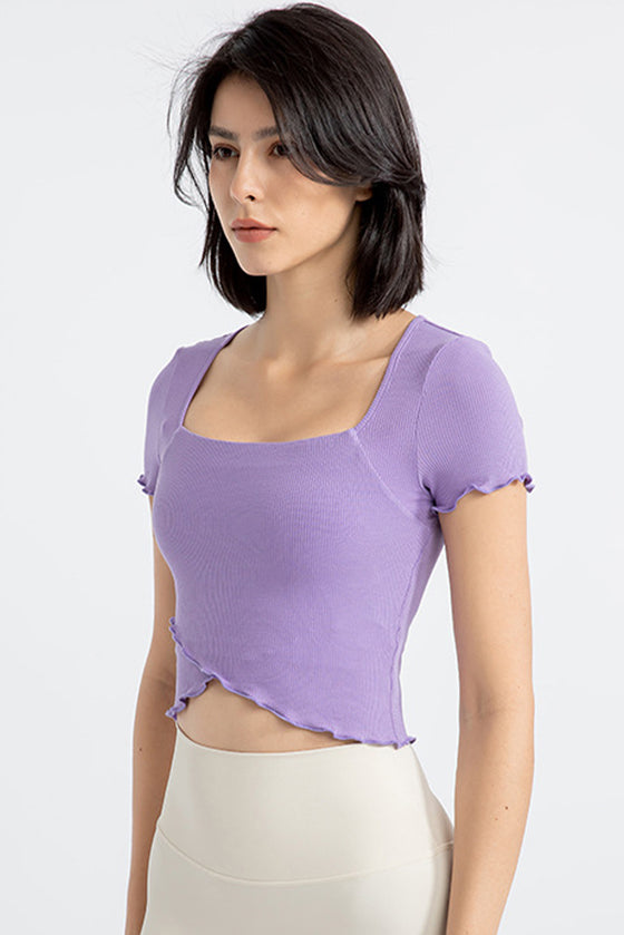 PACK264777-P208-1, Wisteria Frilly Trim Crossed Hem Cropped Yoga Top