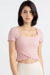 PACK264777-P1010-1, Light Pink Frilly Trim Crossed Hem Cropped Yoga Top